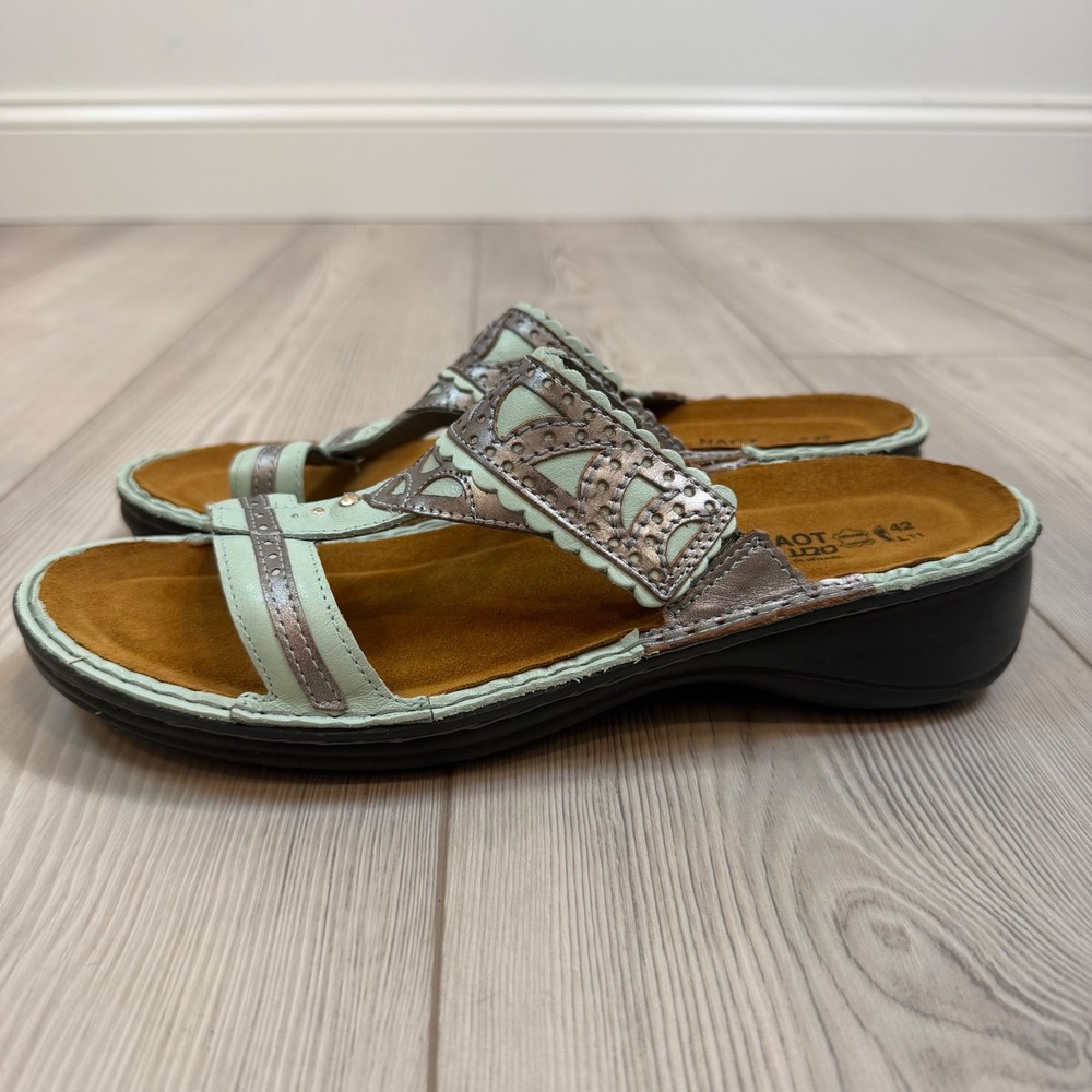 NEW Naot Oleander Celadon Mirror Leather Slide Sandals 11 EU 42‎ Mint Silver
